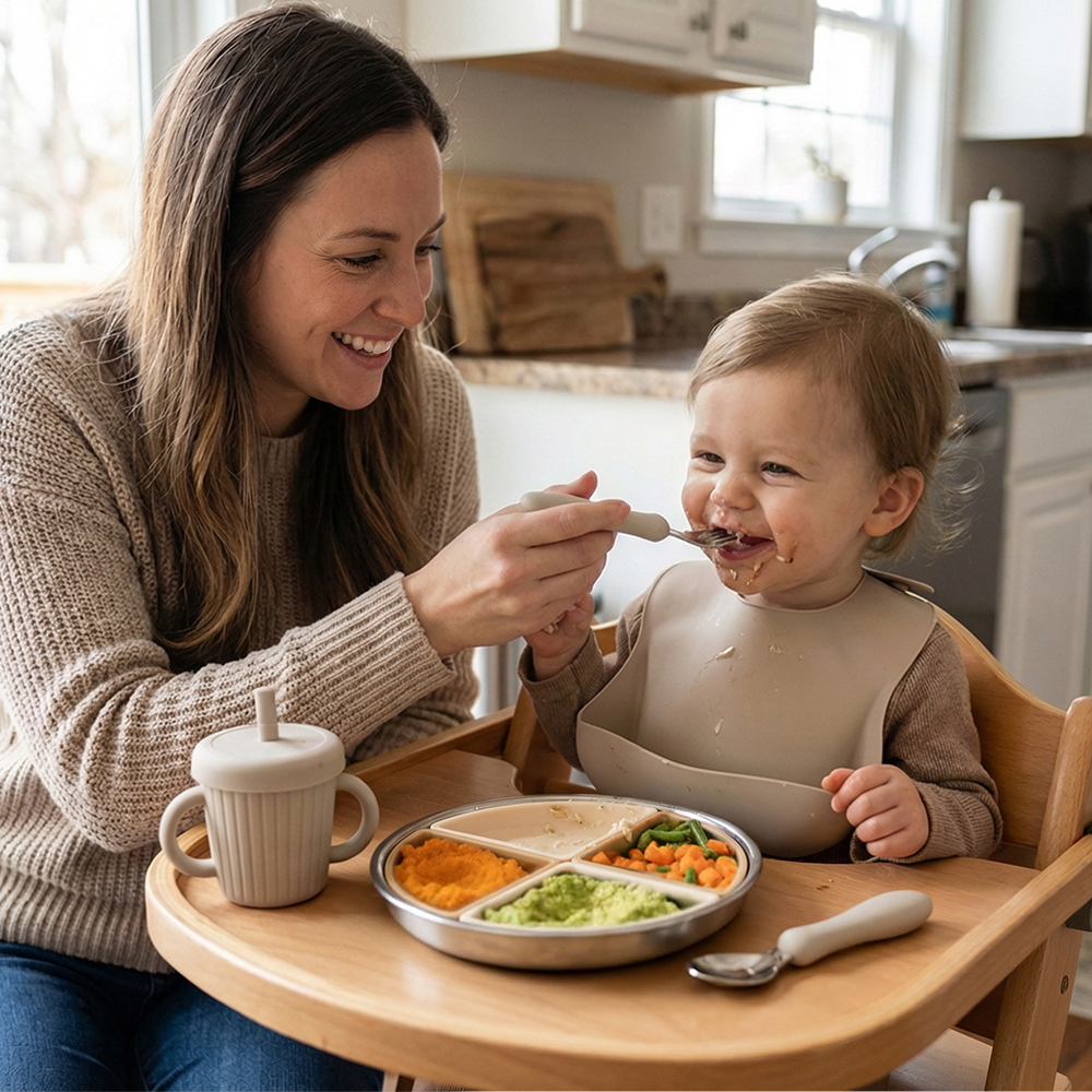 Parent feeding baby with silicone spoon