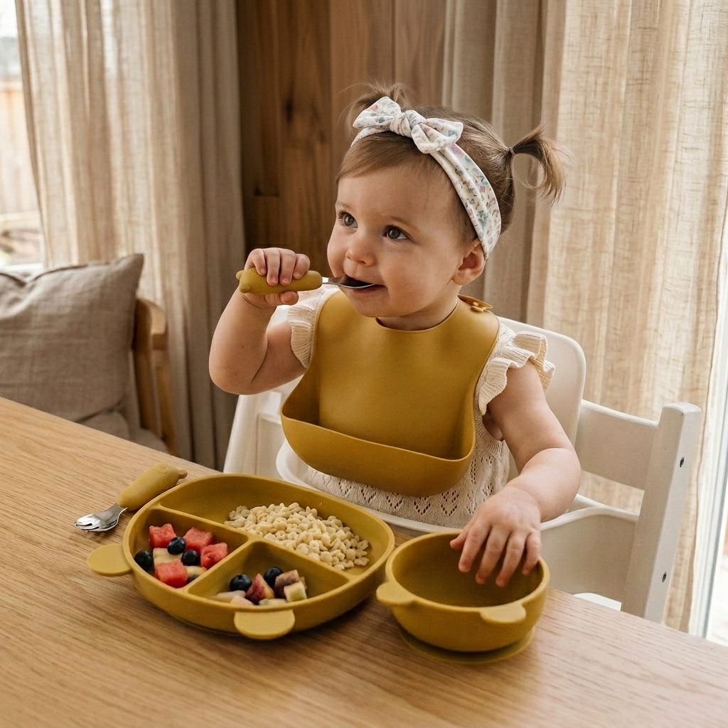 Baby enjoying independent mealtime with silicone tableware