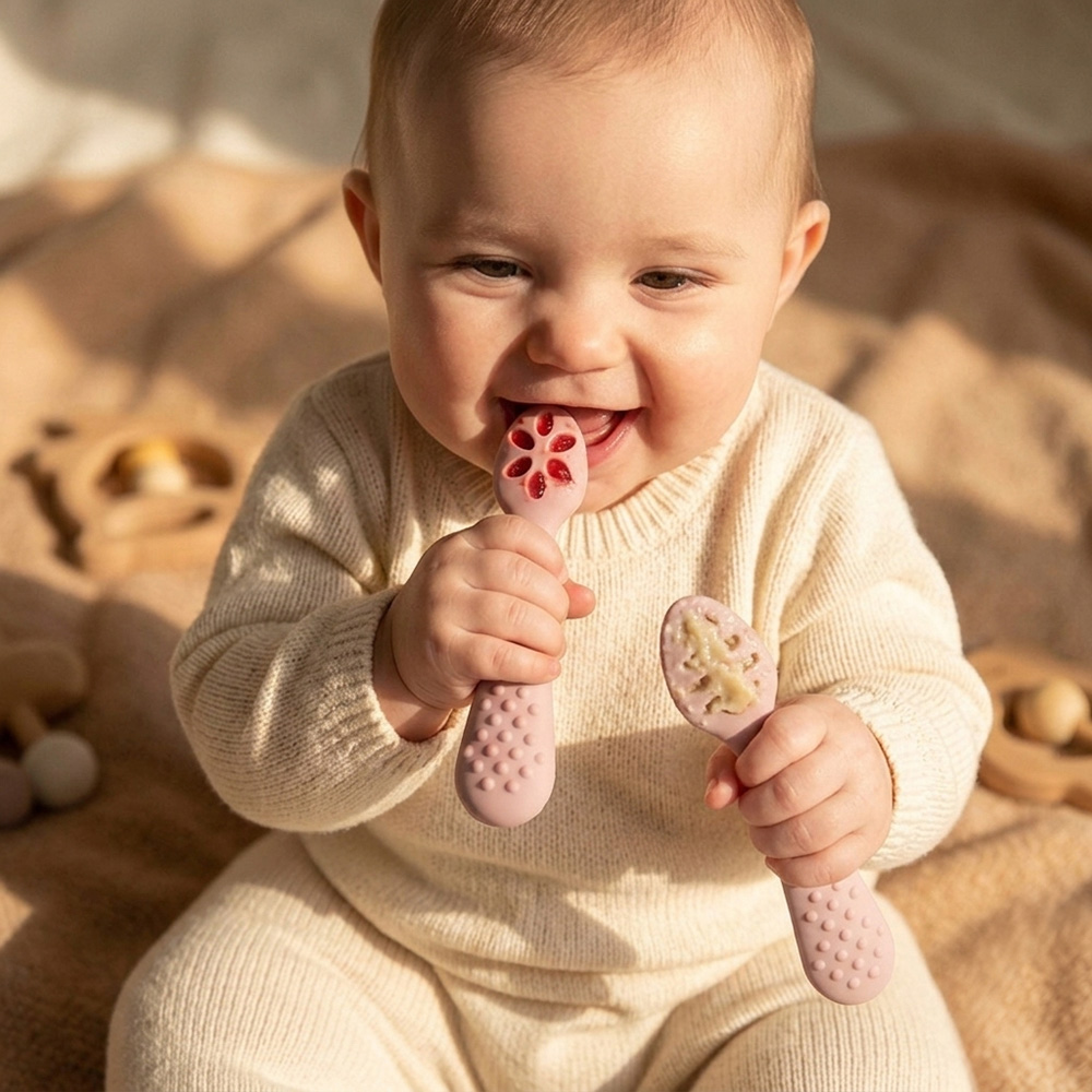 Baby teething with a soft silicone teether